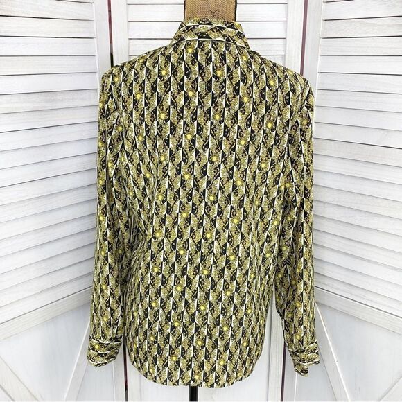 Milano Vintage Printed Button Front Blouse Black Yellow Gold Small - Picture 4 of 12
